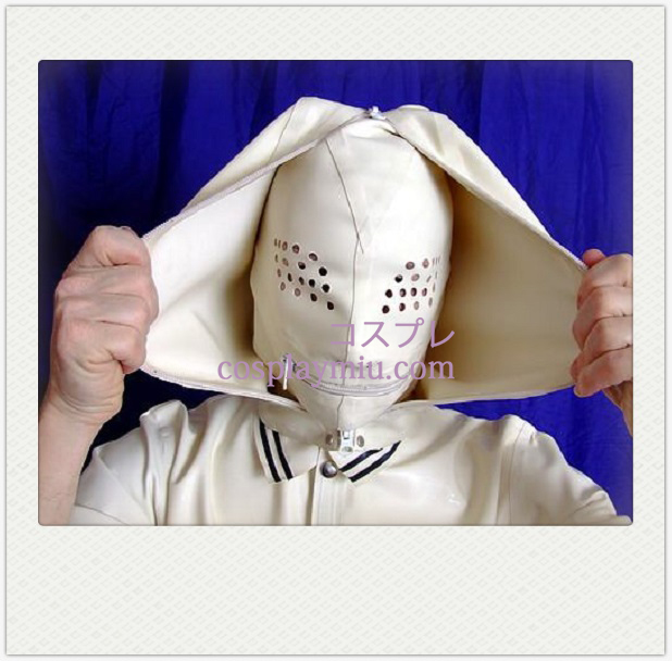 White Full Face Covered SM Latex Mask with Mesh and Zippered Mouth