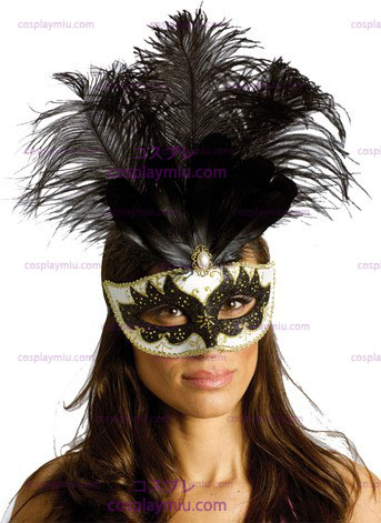 Carnival Mask Big Feather Bk/Sv