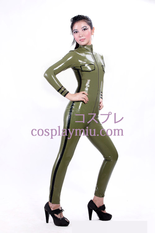Army Green Sexy Front Open Shiny Metallic Catsuit