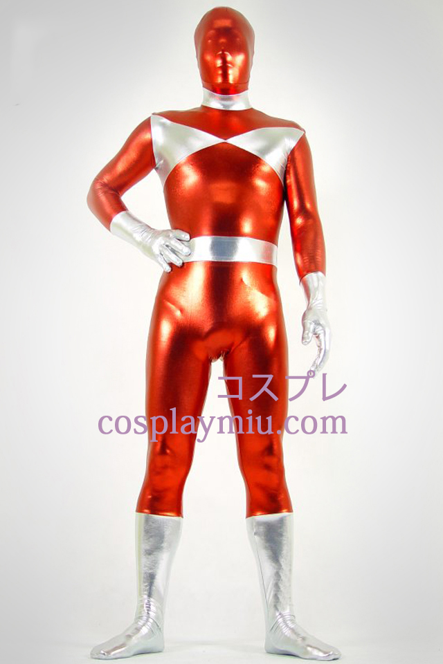 Silver And Red Shiny Metallic Zentai Suit