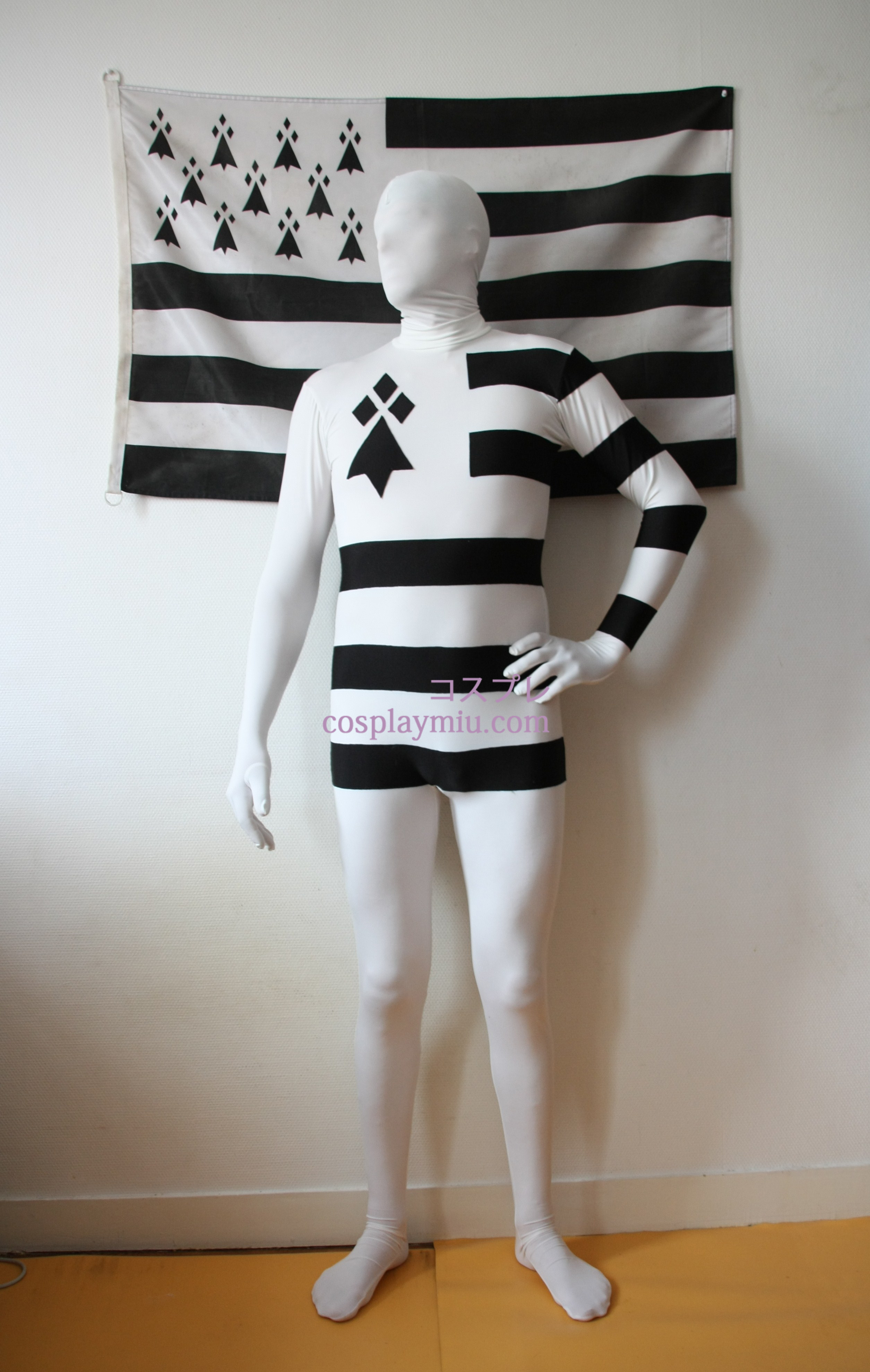 France Bretagne White Black Stripes Spandex Zentai Suit